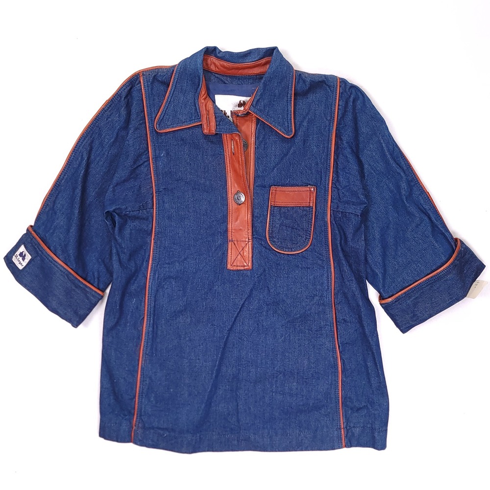 Vintage St Leger‎ Navy Denim Tunic Top Brown Leather Trim Size 13 Hong Kong